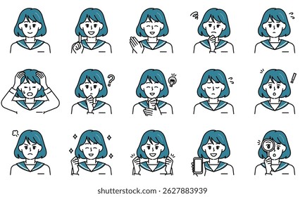 A set of illustrations of casual middle school girls expressing emotions through their facial expressions and poses.
