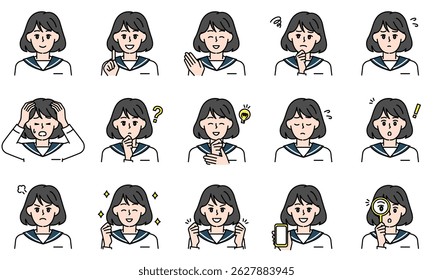 A set of illustrations of casual middle school girls expressing emotions through their facial expressions and poses.