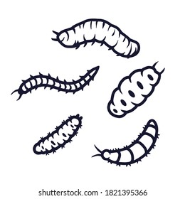 Set of illustrations of caterpillar and maggots worms for halloween design. Scary insect larvae. October party banner, poster or postcard