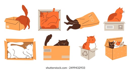 Set of illustrations of cats with boxes. This vector collection features cats having fun with paper bags and cardboard boxes in a flat cartoon style. Isolated background.