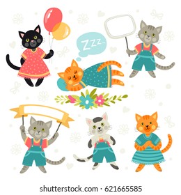 Set of illustrations with cats. Cartoon style. Different poses