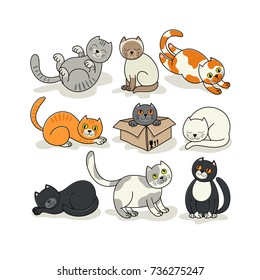 Set of illustrations with cats. Cartoon style. Different poses