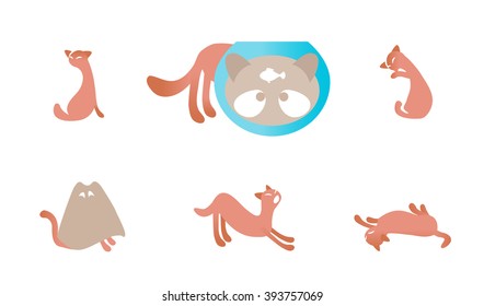 Set of illustrations with cats. Cute and funny red cats collection: sitting cat, lying, with a paper bag on his head, stretching himself, looking on fish in the aquarium, licking a paw. Emotions.