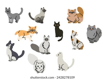 Set of illustrations of cats in various patterns and poses