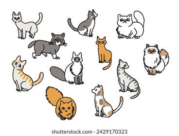 Set of illustrations of cats in various patterns and poses