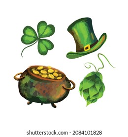 Set of illustrations for celebrating St. Patrick s Day. Leprechaun hat, pot of gold, clover and hop cone