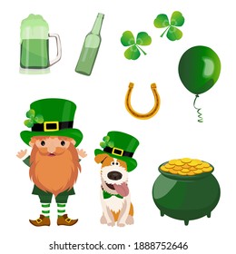 Conjunto de ilustraciones para celebrar el Día de San Patricio. Leprechaun, perro, olla de oro, trébol.