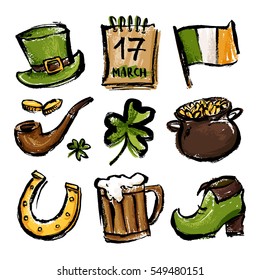 Un conjunto de ilustraciones para celebrar el Día de San Patricio. Sombrero de Leprechaun, olla de oro, trébol y bandera.