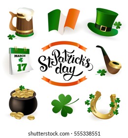 Set of illustrations for celebrating St. Patrick's Day. Leprechaun hat, pot of gold, clover and flag.