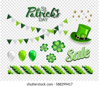 Set of illustrations for celebrating St. Patrick's Day. Leprechaun hat, garland of balloons., clover, flag and lettering.