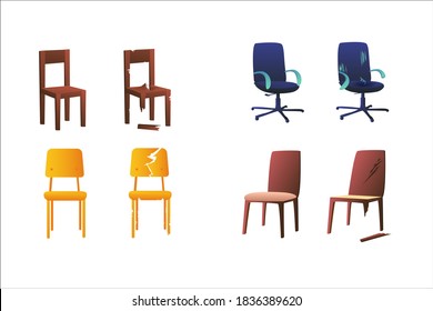 Set of illustrations of chairs on a white background. Office chairs, school chairs and office chair. Broken chair repair. Shabby, tornchairs.