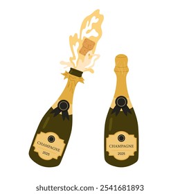 Set of illustrations of champagne bottles. Sealed bottle of sparkling wine. Splashes explosion of alcoholic beverage. Bottle for Happy Birthday, Christmas and New Year greetings.