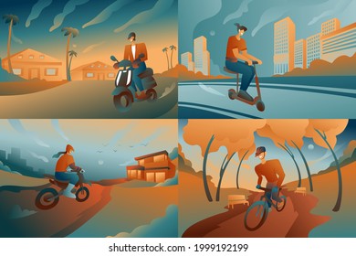A set of illustrations of characters on bicycles and scooters, riding around the city, square. People in equipment and helmets on transport, summer time, the concept of a fast ride around the city.
