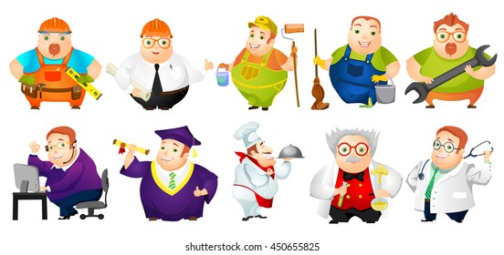 Set of illustrations of cheerful fat man of different professions such as of carpenter, painter, doctor, engineer, operator of technical support. Vector illustration isolated on white background.