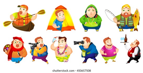 Set of illustrations of cheerful fat man engaged in such hobbies as kayaking, travelling, fishing, painting, photographing, listening to music. Vector illustration isolated on white background.