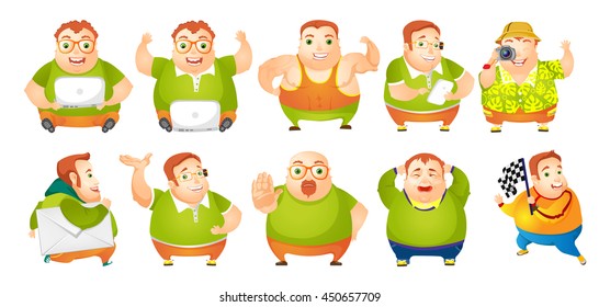 Set of illustrations of cheerful fat man showing muscles. Man using laptop, cellphone and photo camera. Man walking with envelope. Plump man crying. Vector illustration isolated on white background.