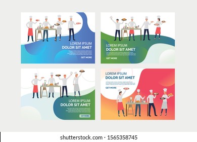 Set of illustrations of chefs participating in meal competition. Cook, dish, kitchen. Flat vector illustration with restaurant business concept for banner, website design or landing web page