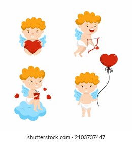Set  illustrations with cherub. Cupid with heart shaped ball. Cute angel for Valentine  Day.  14 February.