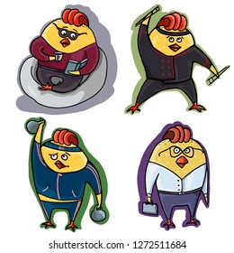 Set of illustrations with chick. Sport exercises. Reading of books. Job. Cooking.