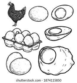 Set of illustrations of chicken and eggs in engraving style. Design element for poster, card, banner, sign. Vector illustration