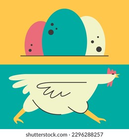 Set of illustrations with chicken and eggs for package design, label or sticker. Running chicken in geometric style. Fresh meat and eggs. Natural products for the preparation of various dishes.