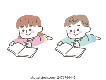  Set of illustrations of a child lying down and reading a book