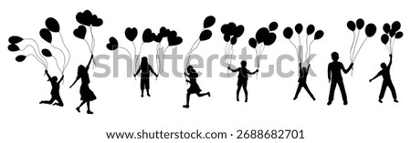 set of illustrations of children carry balloons silhouettes