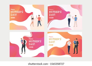 Set of illustrations of children giving their mothers flower. Happy mother day, family, calligraphy. Flat vector. Holiday concept for banner, website design or landing web page
