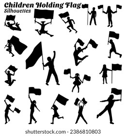 Set of illustrations of children holding flag silhouettes