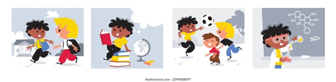 Set of illustrations with children. Kids go to school. Child sitting on the pile of books and reading. Kids play with ball. Boy does experiments. Chemistry class.