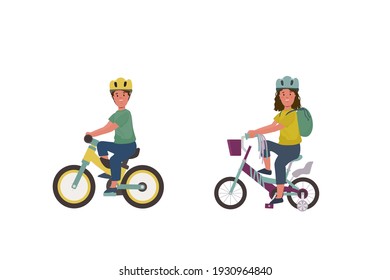 Eine Reihe von Illustrationen von Kindern auf einem Fahrrad. Ein Mädchen und ein Junge auf Zweirädern. Fahrradfahren auf weißem Hintergrund gemalt mit Kindern in Helmen. Vektorgrafik