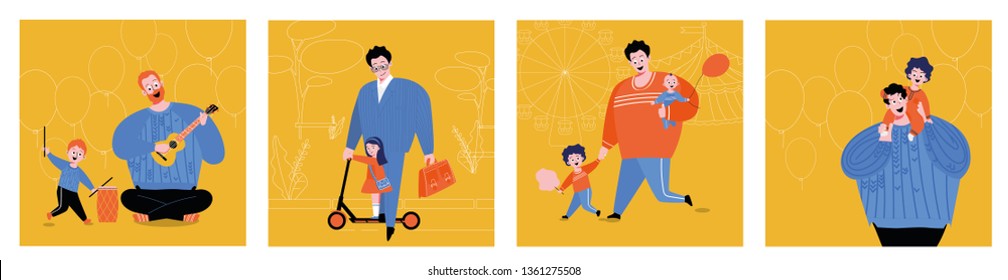 
Set of illustrations Children playing with father. Ukulele and drum, amusement park, riding a scooter.
Happy weekend with dad.