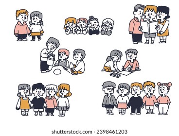 Set of illustrations of children playing with friends, comical hand-drawn figures, vector, line drawings and color.