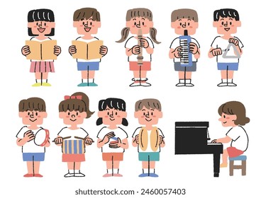 Set of illustrations of children playing various musical instruments