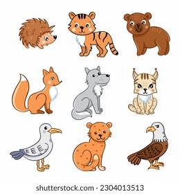 Set of illustrations for children with predatory animals. Vector drawing in cartoon style.