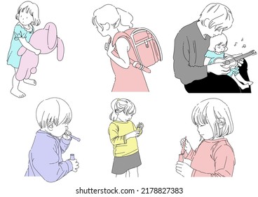 Set of illustrations of children with simple line drawings