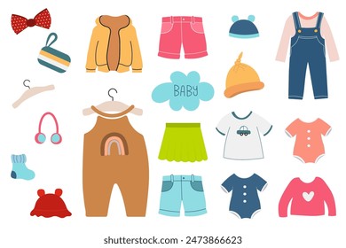 Un conjunto de ilustraciones de ropa de niños, traje de bebé