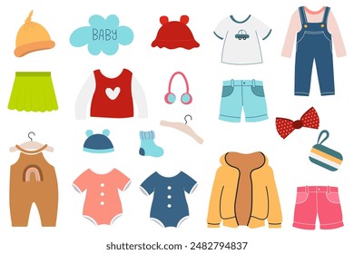 Un conjunto de ilustraciones de ropa de niños, traje de bebé