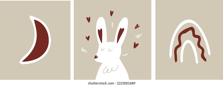 set of illustrations for the children's room. bunny moon stars . posters for the children's room. cute poster with a hare. postcards