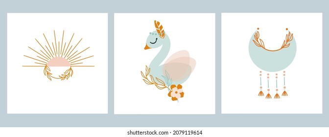 A set of illustrations for the children's room. Swan, moon and sun in boho style