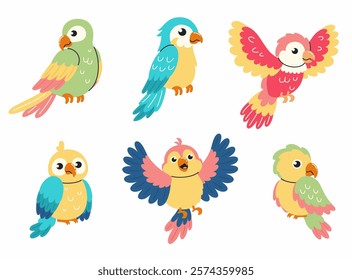 Set of illustrations in children's style. Cute parrots in different poses. Flat vector illustration.