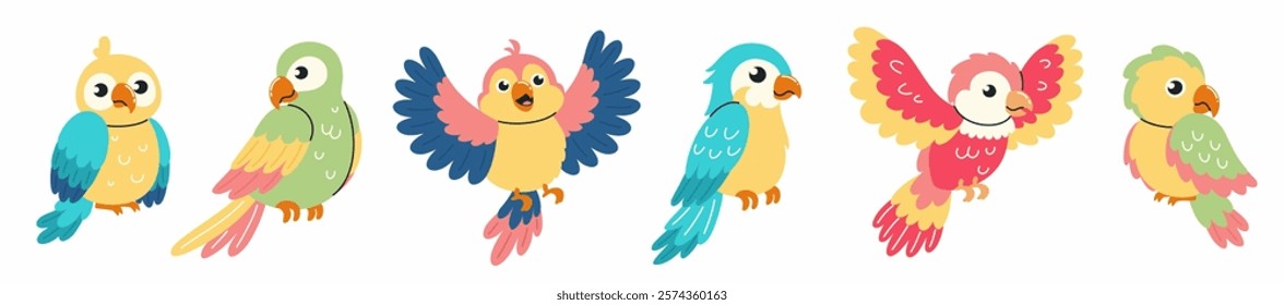 Set of illustrations in children's style. Cute tropical parrots in different poses. Flat vector illustration.