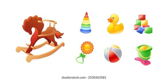 Set of illustrations of children's toys for preschoolers, rocking horse, rubber duck, toy pyramid, cubes, bucket and scoop for sand, ball, rattle, realistic in 3D style.