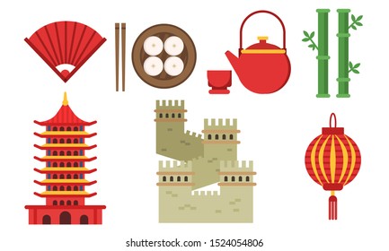 Set Of Illustrations With Chinese Culture Elements Isolated On White Background