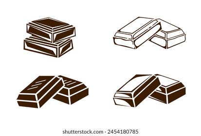 Set of illustrations of a chocolate bar icon. Hand drawn outline, broken dark slab of milk or dark bitter chocolate, stack of sweet cocoa candy blocks, square shaped cocoa dessert bars