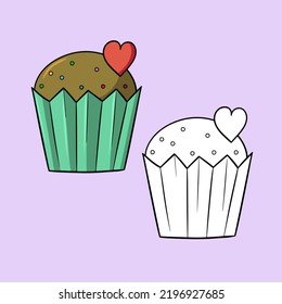 A set of illustrations, a chocolate cupcake with a multicolored round sugar crumb and a heart, vector in cartoon style on a colored background