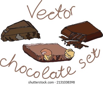 A set of illustrations of chocolate pieces on a white background. Sweets, snacks, a piece of chocolate, chocolate, ready to use, eps. For your design