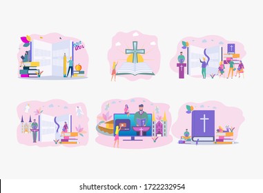 Set illustrations. Christian people read the Holy Bible and learn about the Word of God. Jesus Christ and the Bible, a holy scripture. Colorful vector illustration