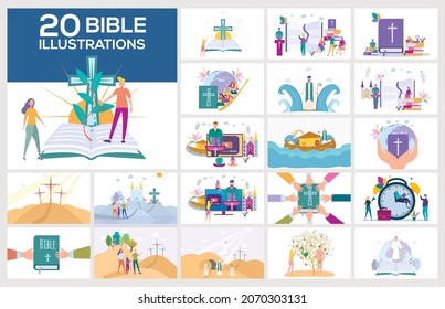 Set illustrations. Christian people read the Holy Bible and learn about the Word of God. Jesus