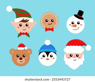 Set of illustrations of Christmas characters: Santa Claus, elf, snowman, penguin, gingerbread man